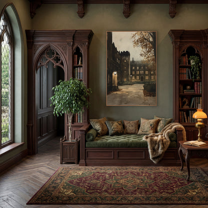 Lamplit Stone College Courtyard Academia wall art in a moody dark academia room – stone college courtyard