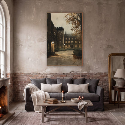 Lamplit Stone College Courtyard Academia wall art in a moody dark academia room – stone college courtyard