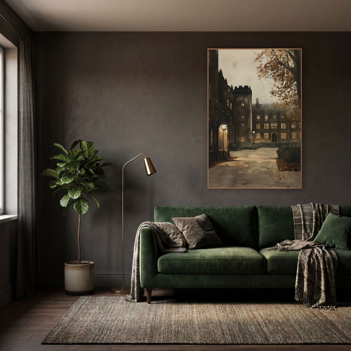 Lamplit Stone College Courtyard Academia wall art in a moody dark academia room – stone college courtyard