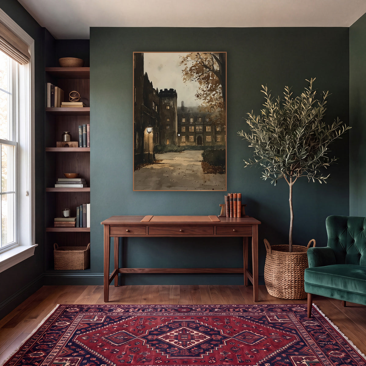 Lamplit Stone College Courtyard Academia wall art in a moody dark academia room – stone college courtyard