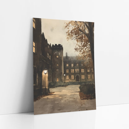 Lamplit Stone College Courtyard Academia art print leaning against a white wall – stone college courtyard with a glowing lamp