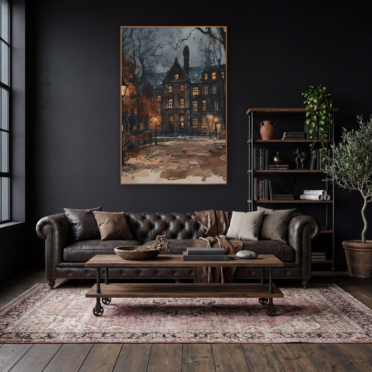 Lamplit Brick Hall Courtyard Dark Academia wall art in a moody dark academia room – dark academia scene of a stone