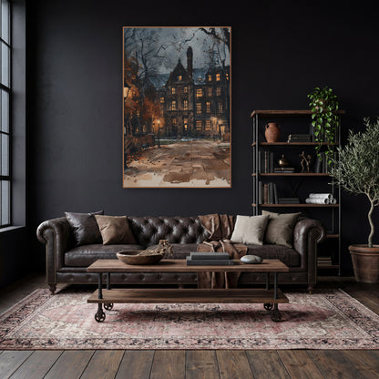 Lamplit Brick Hall Courtyard Dark Academia wall art in a moody dark academia room – dark academia scene of a stone