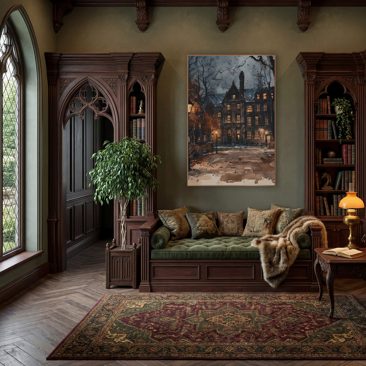 Lamplit Brick Hall Courtyard Dark Academia wall art in a moody dark academia room – dark academia scene of a stone