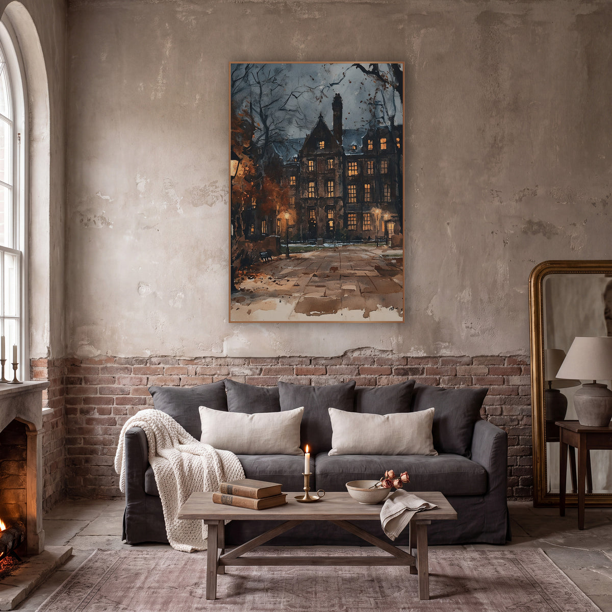 Lamplit Brick Hall Courtyard Dark Academia wall art in a moody dark academia room – dark academia scene of a stone