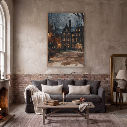 Lamplit Brick Hall Courtyard Dark Academia wall art in a moody dark academia room – dark academia scene of a stone