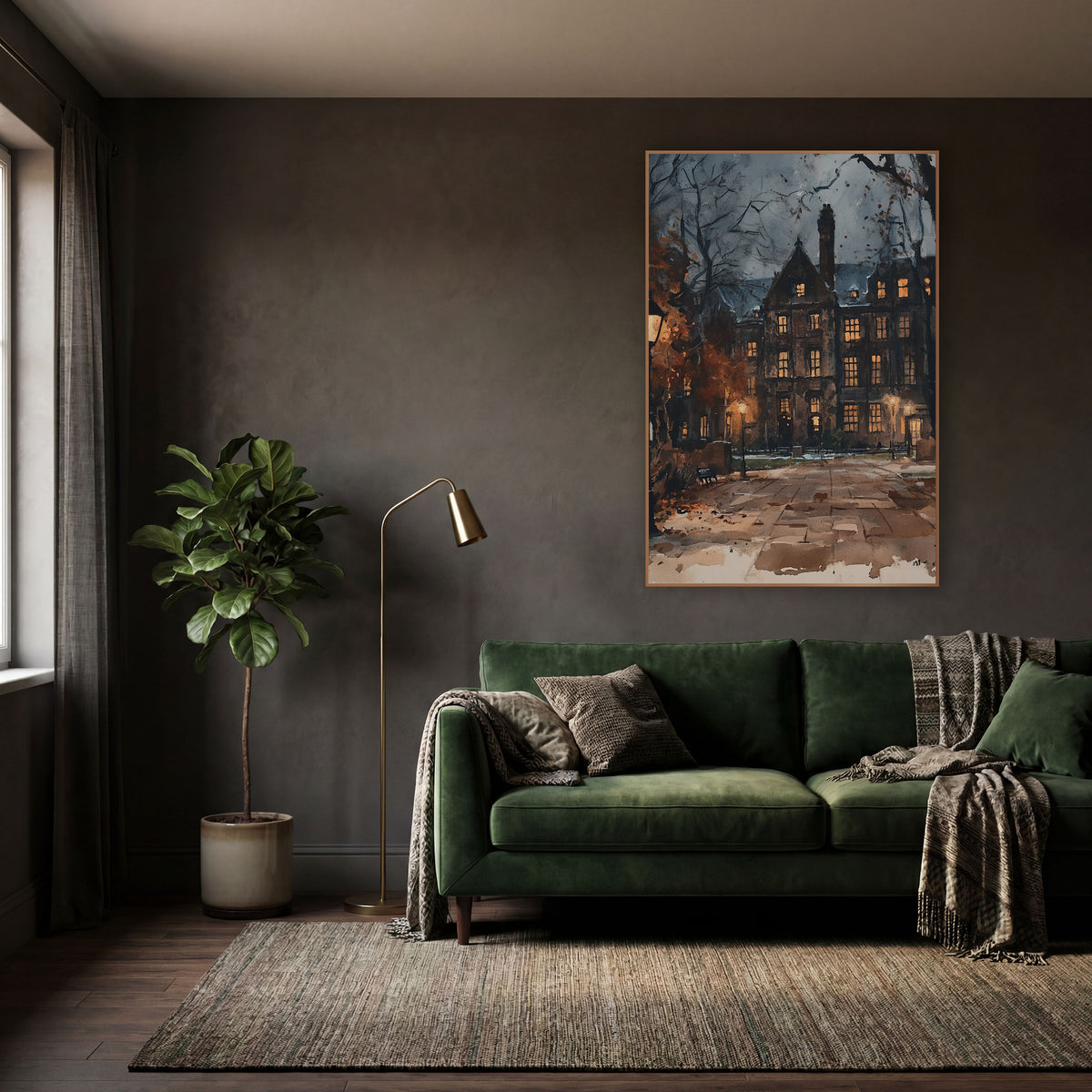 Lamplit Brick Hall Courtyard Dark Academia wall art in a moody dark academia room – dark academia scene of a stone