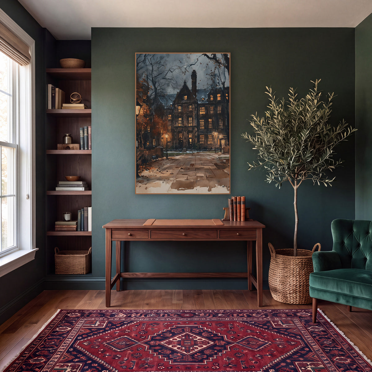 Lamplit Brick Hall Courtyard Dark Academia wall art in a moody dark academia room – dark academia scene of a stone