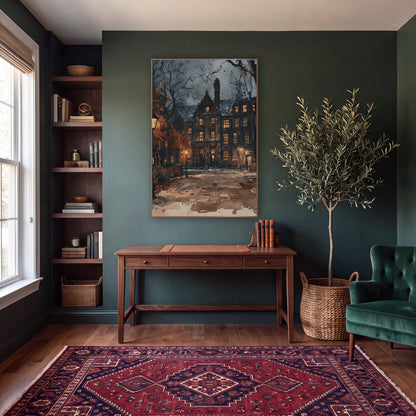 Lamplit Brick Hall Courtyard Dark Academia wall art in a moody dark academia room – dark academia scene of a stone