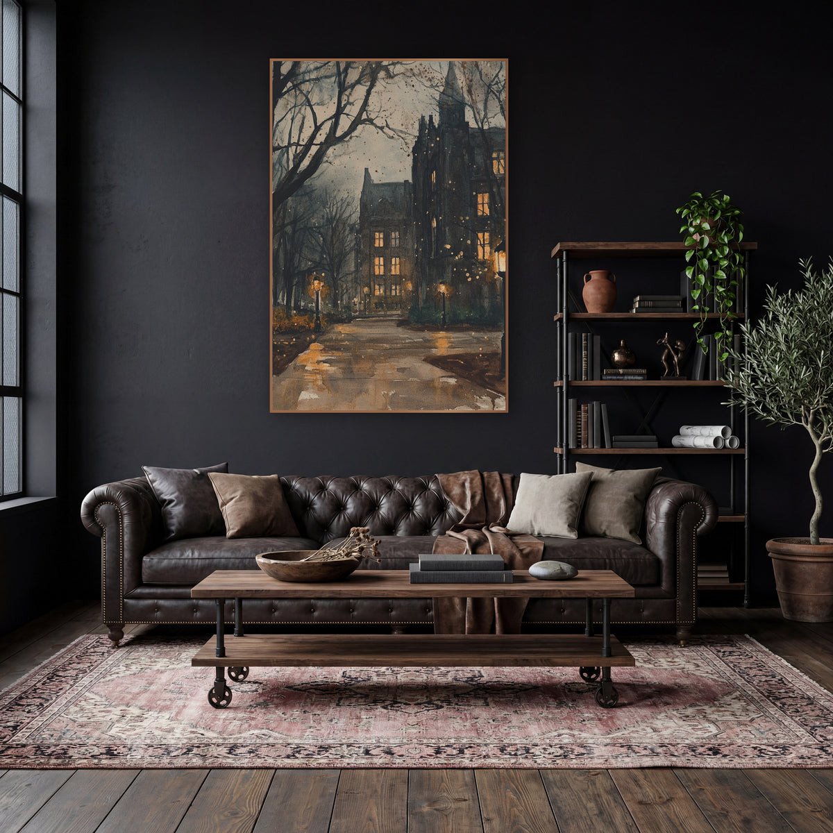 Lamplit Gothic Campus Path Academia wall art in a moody dark academia room – gothic stone campus buildings
