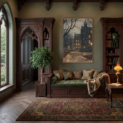 Lamplit Gothic Campus Path Academia wall art in a moody dark academia room – gothic stone campus buildings