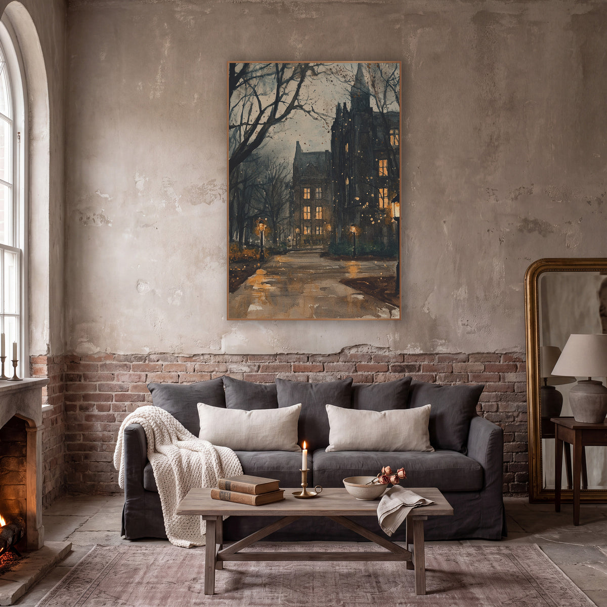 Lamplit Gothic Campus Path Academia wall art in a moody dark academia room – gothic stone campus buildings