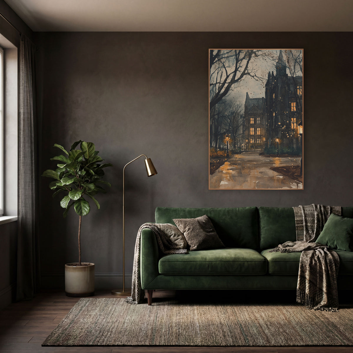 Lamplit Gothic Campus Path Academia wall art in a moody dark academia room – gothic stone campus buildings