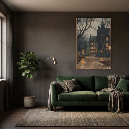 Lamplit Gothic Campus Path Academia wall art in a moody dark academia room – gothic stone campus buildings