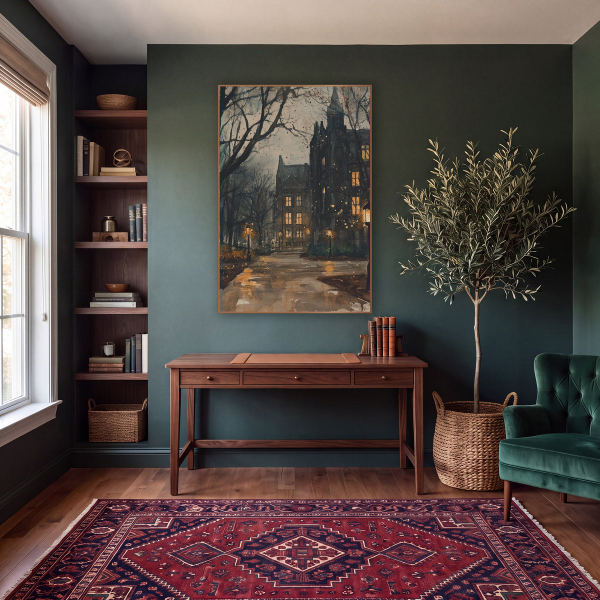 Lamplit Gothic Campus Path Academia wall art in a moody dark academia room – gothic stone campus buildings