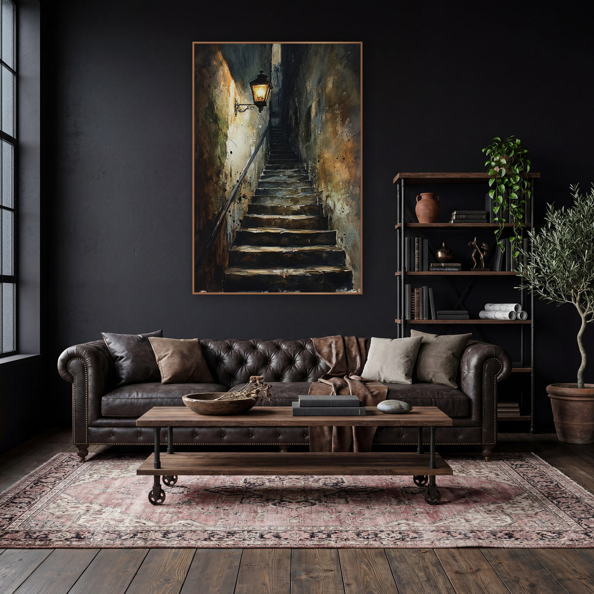 Lantern Beside Climbing Alley Steps Gothic wall art in a moody dark academia room – glowing iron wall lantern above