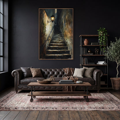 Lantern Beside Climbing Alley Steps Gothic wall art in a moody dark academia room – glowing iron wall lantern above