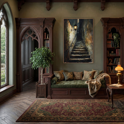 Lantern Beside Climbing Alley Steps Gothic wall art in a moody dark academia room – glowing iron wall lantern above
