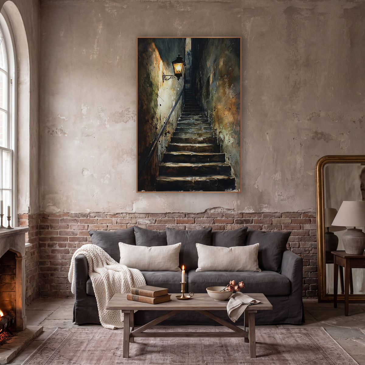 Lantern Beside Climbing Alley Steps Gothic wall art in a moody dark academia room – glowing iron wall lantern above