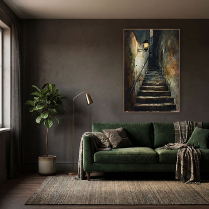 Lantern Beside Climbing Alley Steps Gothic wall art in a moody dark academia room – glowing iron wall lantern above
