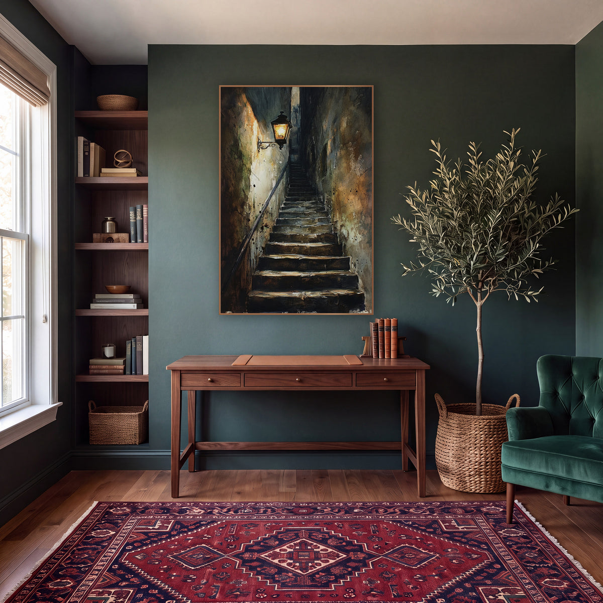 Lantern Beside Climbing Alley Steps Gothic wall art in a moody dark academia room – glowing iron wall lantern above