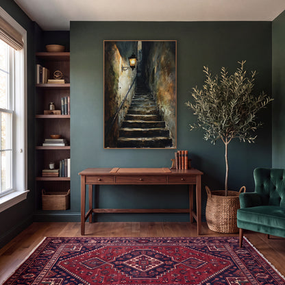 Lantern Beside Climbing Alley Steps Gothic wall art in a moody dark academia room – glowing iron wall lantern above