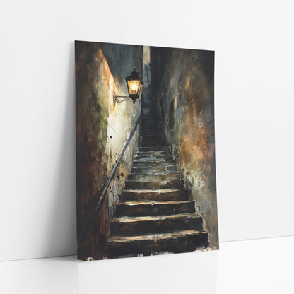 Lantern Beside Climbing Alley Steps Gothic art print leaning against a white wall – glowing iron wall lantern above a narrow