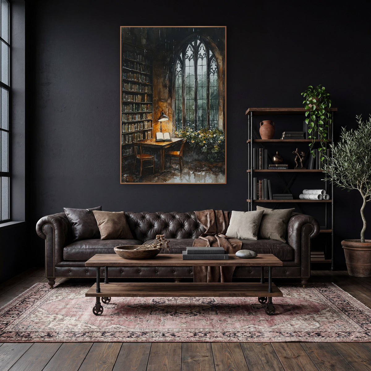 Gothic Window Library Reading Nook wall art in a moody dark academia room – watercolor-style library corner with open