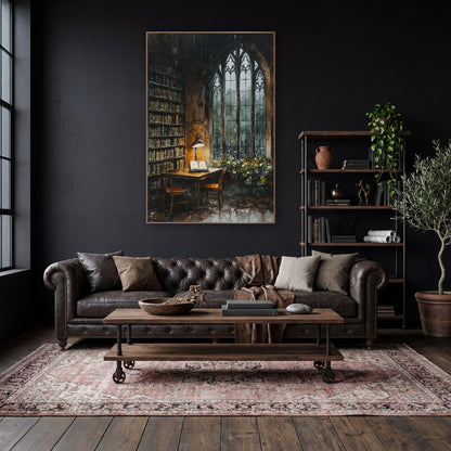Gothic Window Library Reading Nook wall art in a moody dark academia room – watercolor-style library corner with open