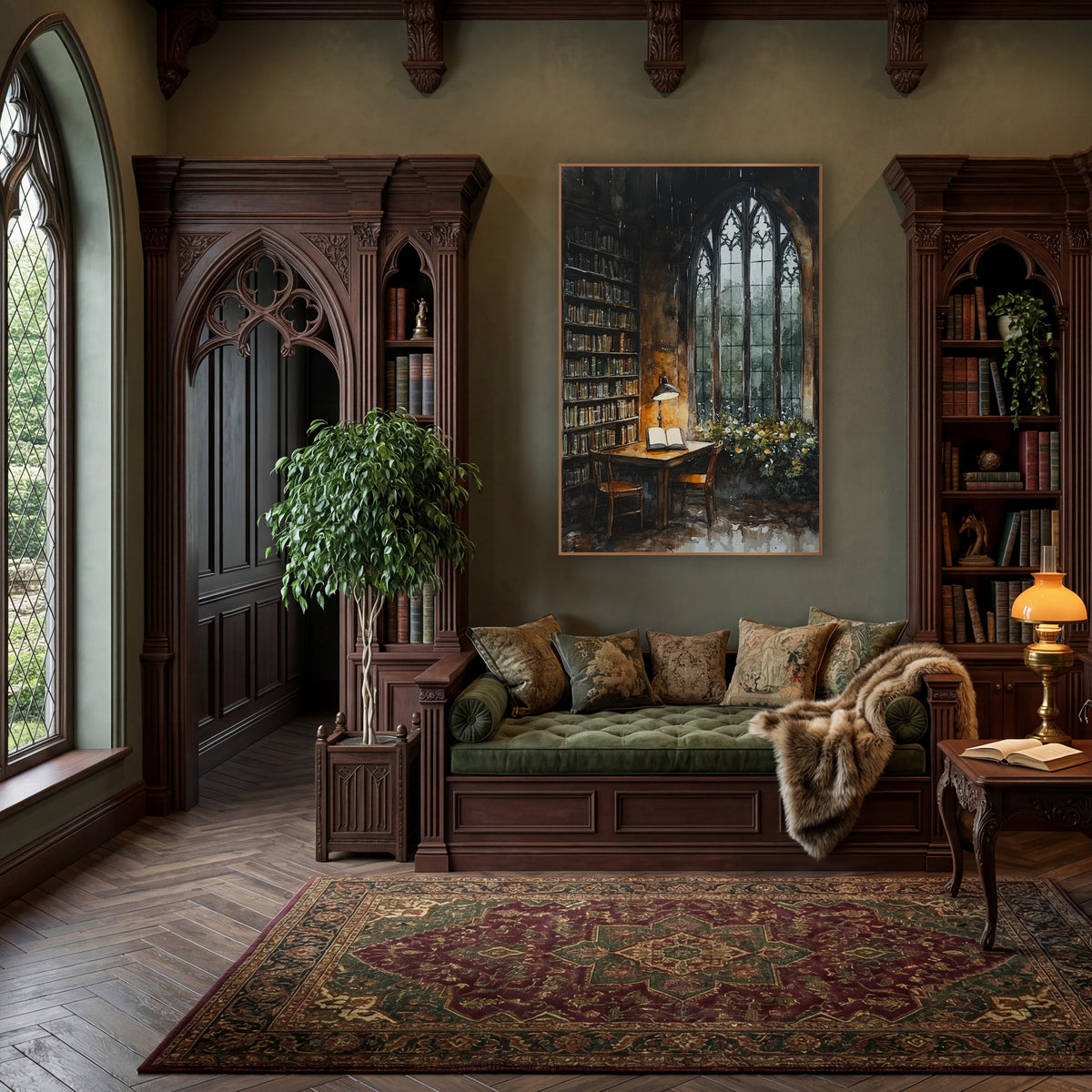 Gothic Window Library Reading Nook wall art in a moody dark academia room – watercolor-style library corner with open