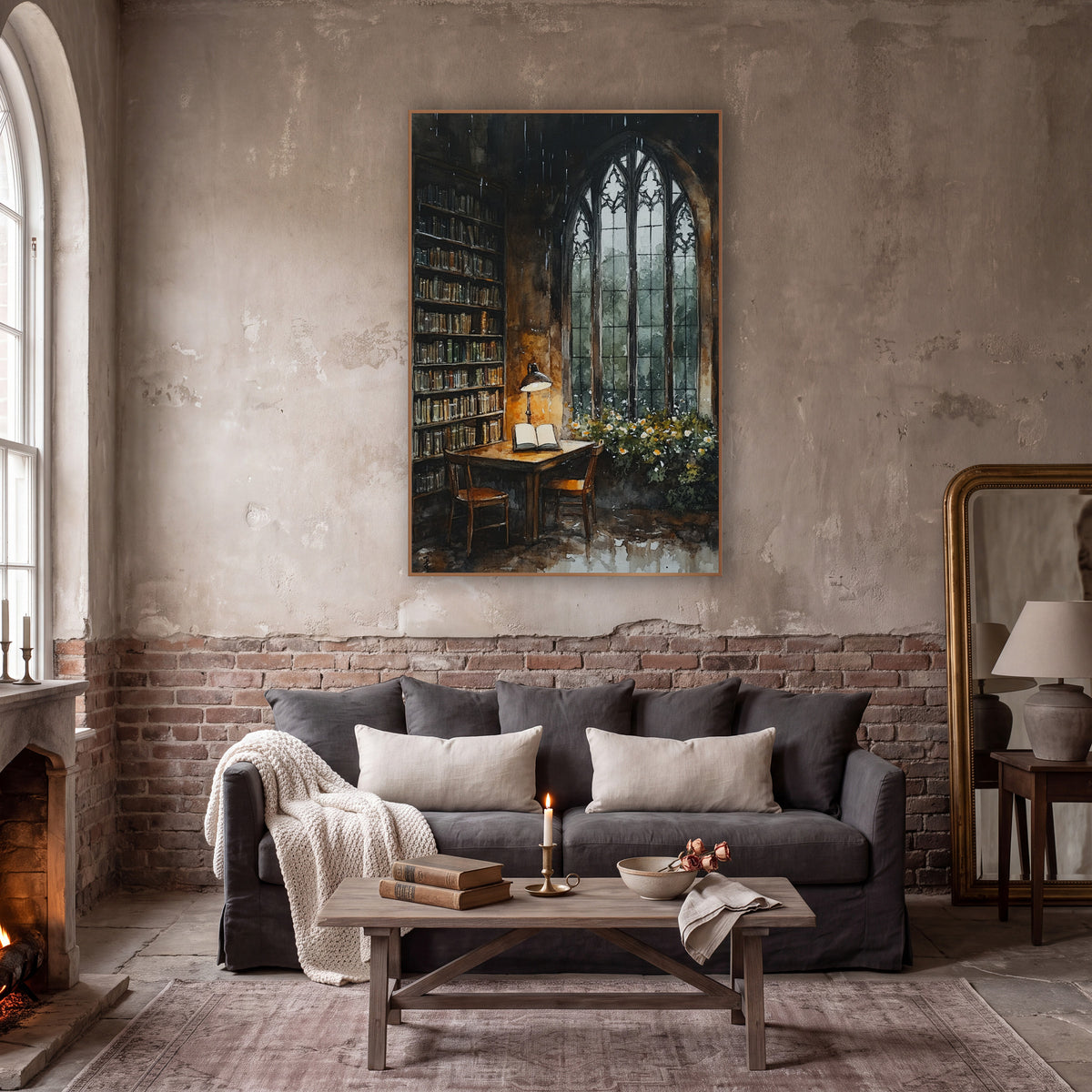 Gothic Window Library Reading Nook wall art in a moody dark academia room – watercolor-style library corner with open