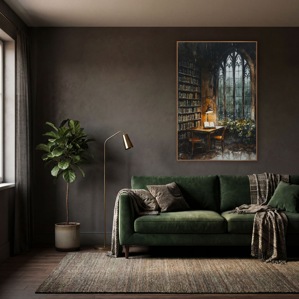 Gothic Window Library Reading Nook wall art in a moody dark academia room – watercolor-style library corner with open