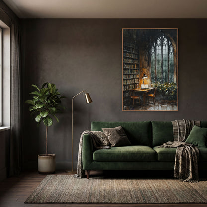 Gothic Window Library Reading Nook wall art in a moody dark academia room – watercolor-style library corner with open