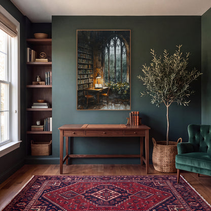 Gothic Window Library Reading Nook wall art in a moody dark academia room – watercolor-style library corner with open