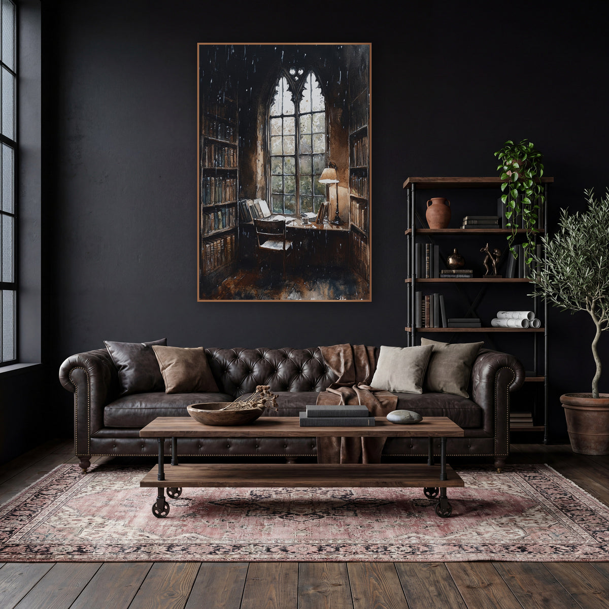 Gothic Window Reading Nook Moody wall art in a moody dark academia room – dark academia scene of a reading nook