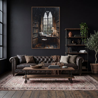 Gothic Window Reading Nook Moody wall art in a moody dark academia room – dark academia scene of a reading nook