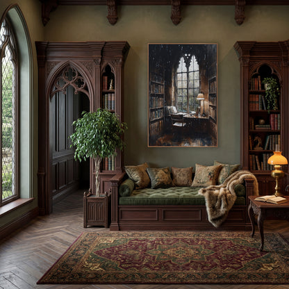 Gothic Window Reading Nook Moody wall art in a moody dark academia room – dark academia scene of a reading nook