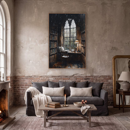 Gothic Window Reading Nook Moody wall art in a moody dark academia room – dark academia scene of a reading nook