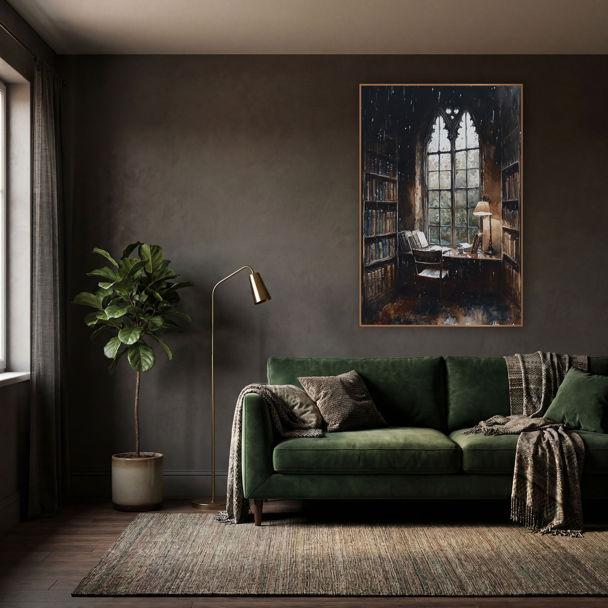 Gothic Window Reading Nook Moody wall art in a moody dark academia room – dark academia scene of a reading nook