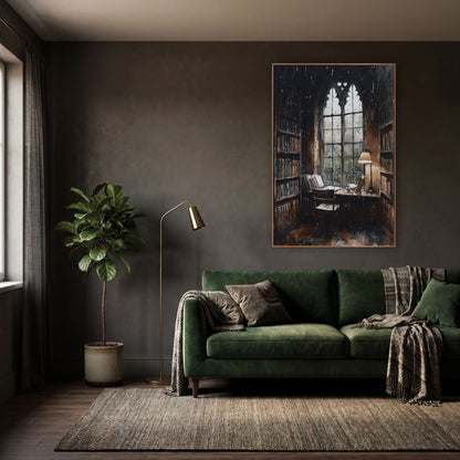 Gothic Window Reading Nook Moody wall art in a moody dark academia room – dark academia scene of a reading nook
