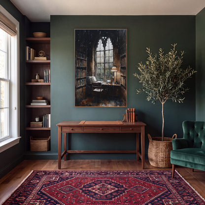 Gothic Window Reading Nook Moody wall art in a moody dark academia room – dark academia scene of a reading nook