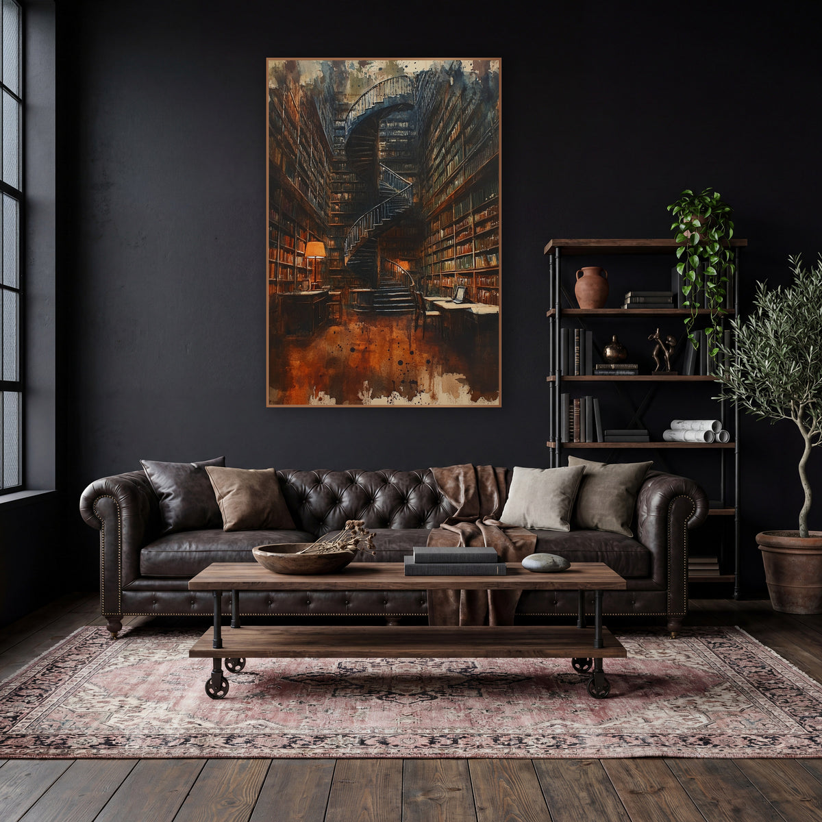 Towering Library Spiral Staircase Academia wall art in a moody dark academia room – dark spiral staircase in a tall