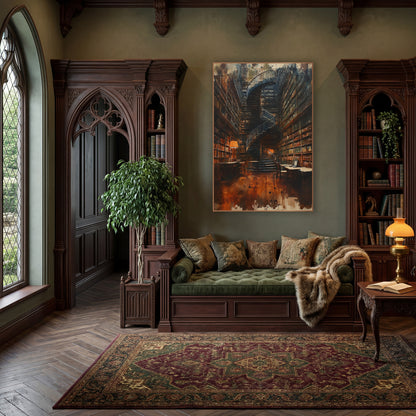 Towering Library Spiral Staircase Academia wall art in a moody dark academia room – dark spiral staircase in a tall