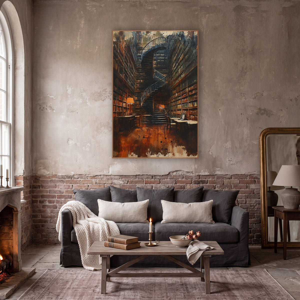 Towering Library Spiral Staircase Academia wall art in a moody dark academia room – dark spiral staircase in a tall