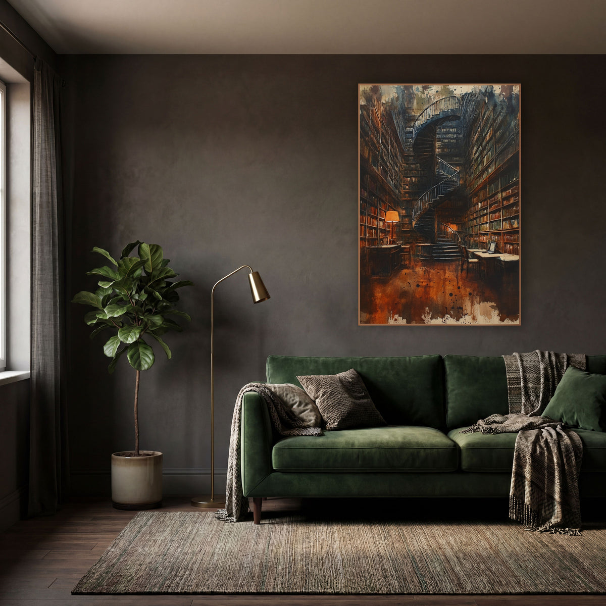 Towering Library Spiral Staircase Academia wall art in a moody dark academia room – dark spiral staircase in a tall