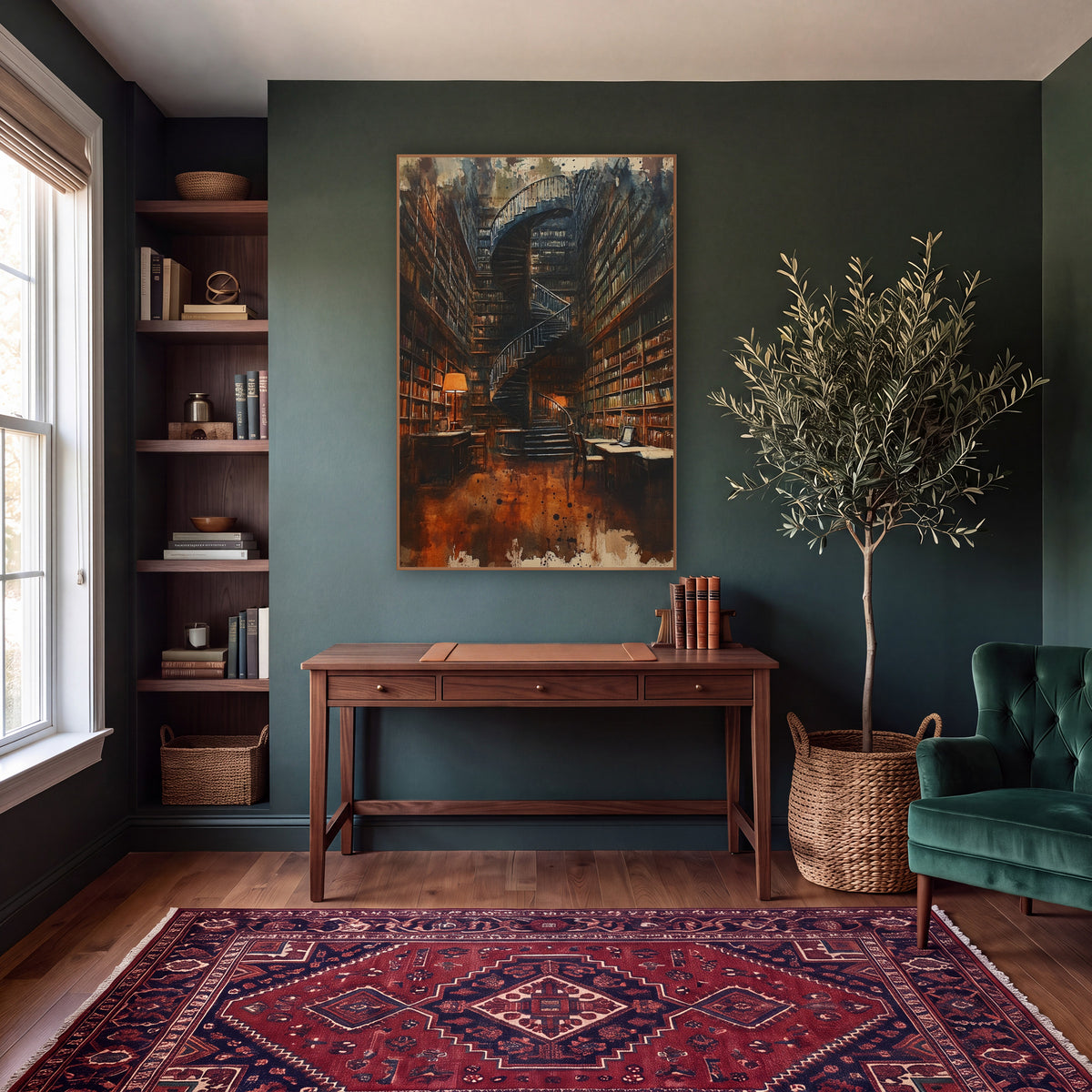 Towering Library Spiral Staircase Academia wall art in a moody dark academia room – dark spiral staircase in a tall