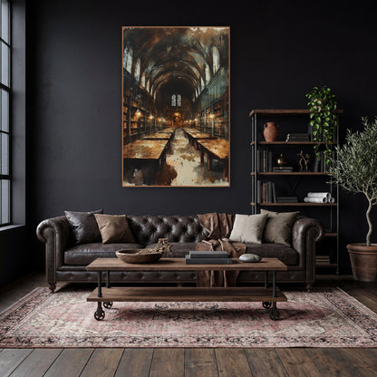 Vaulted Library Hall Dark Academia wall art in a moody dark academia room – long vaulted library hall with arched
