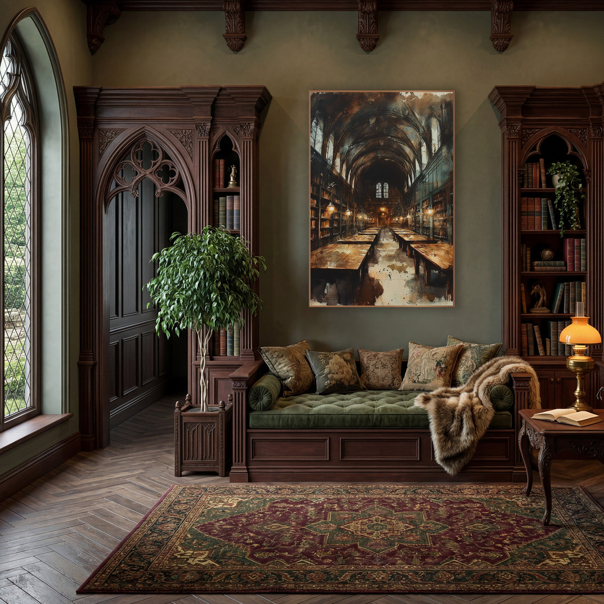 Vaulted Library Hall Dark Academia wall art in a moody dark academia room – long vaulted library hall with arched