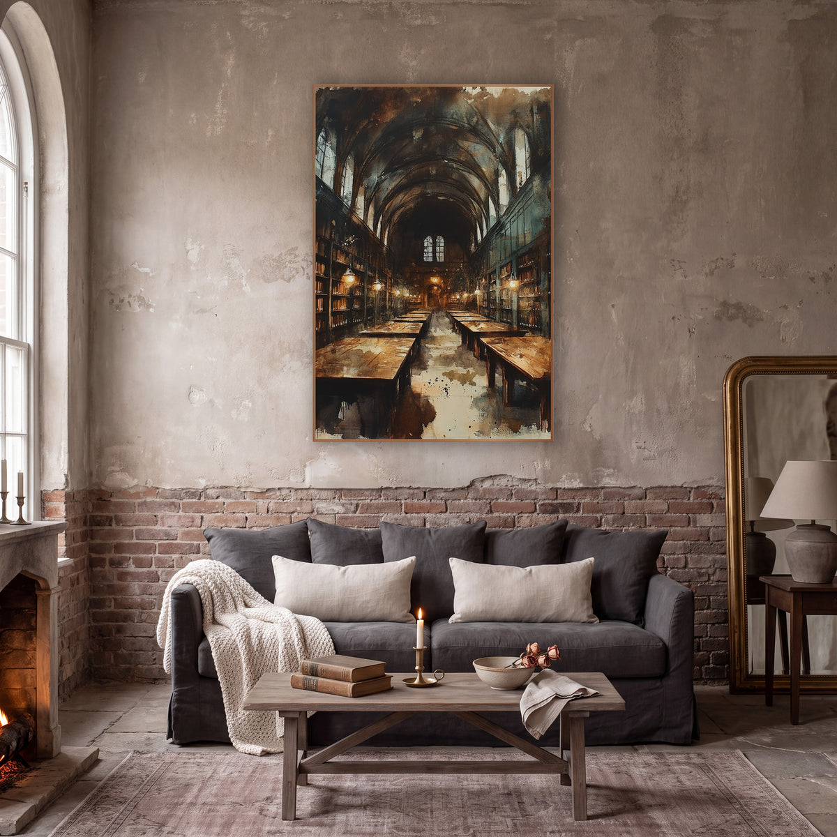 Vaulted Library Hall Dark Academia wall art in a moody dark academia room – long vaulted library hall with arched