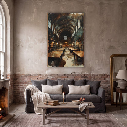 Vaulted Library Hall Dark Academia wall art in a moody dark academia room – long vaulted library hall with arched